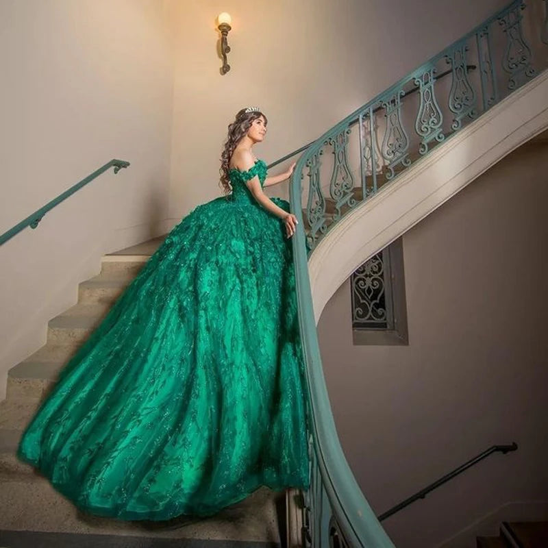 Green Sparkly Quinceanera Dresses With Cape Tassels Sweet 16 Dresses Ball Gown 3D Flowers Tulle Birthday Gowns     fg4570