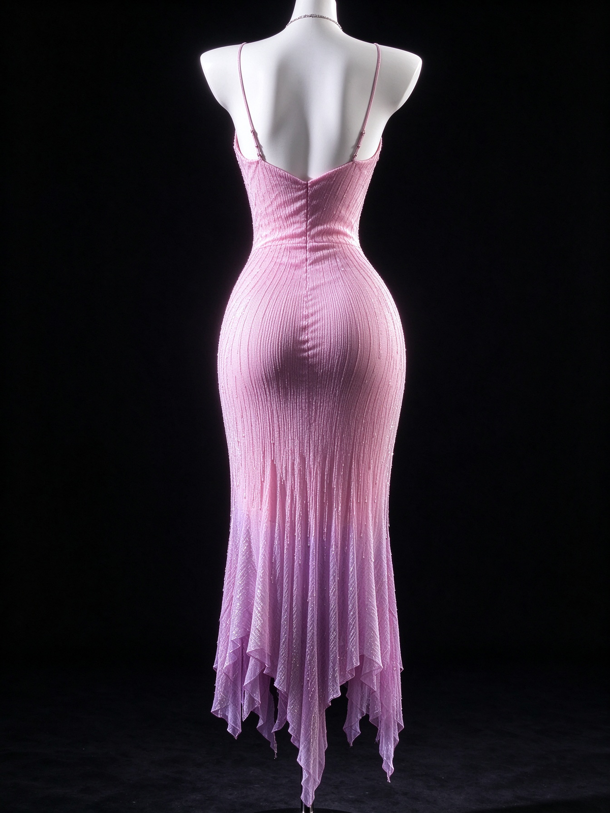 Pink Spaghetti Strap Cowl Neck Gradient Irregular Hem Mermaid Evening fg9137