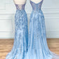 Blue Sweetheart Neck Lace Long Prom Dresses, Blue Lace Graduation Dress     fg4490