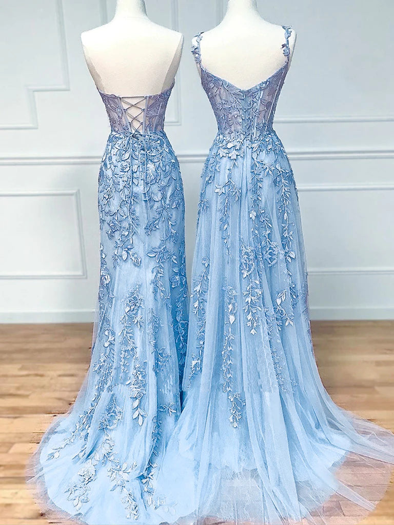 Blue Sweetheart Neck Lace Long Prom Dresses, Blue Lace Graduation Dress     fg4490