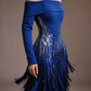 Royal Blue Off The Shoulder Long Sleeve Evening Gown With Beading & Tassel Fringe fg8995