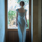 Elegant Blue A Line Straps Beaded Satin Long Prom Dress Evening  Dress fg8690
