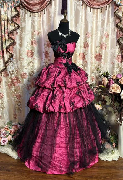 Vintage Sweetheart Neck Pink Tulle Satin Layered Ball Gown Formal Quinceanera Dress With Bow  fg8524