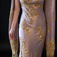 Dusty Lavender V-Neck Slip Evening Dress with Gold Lace Appliqués & Beaded Tassel Shawl fg9036