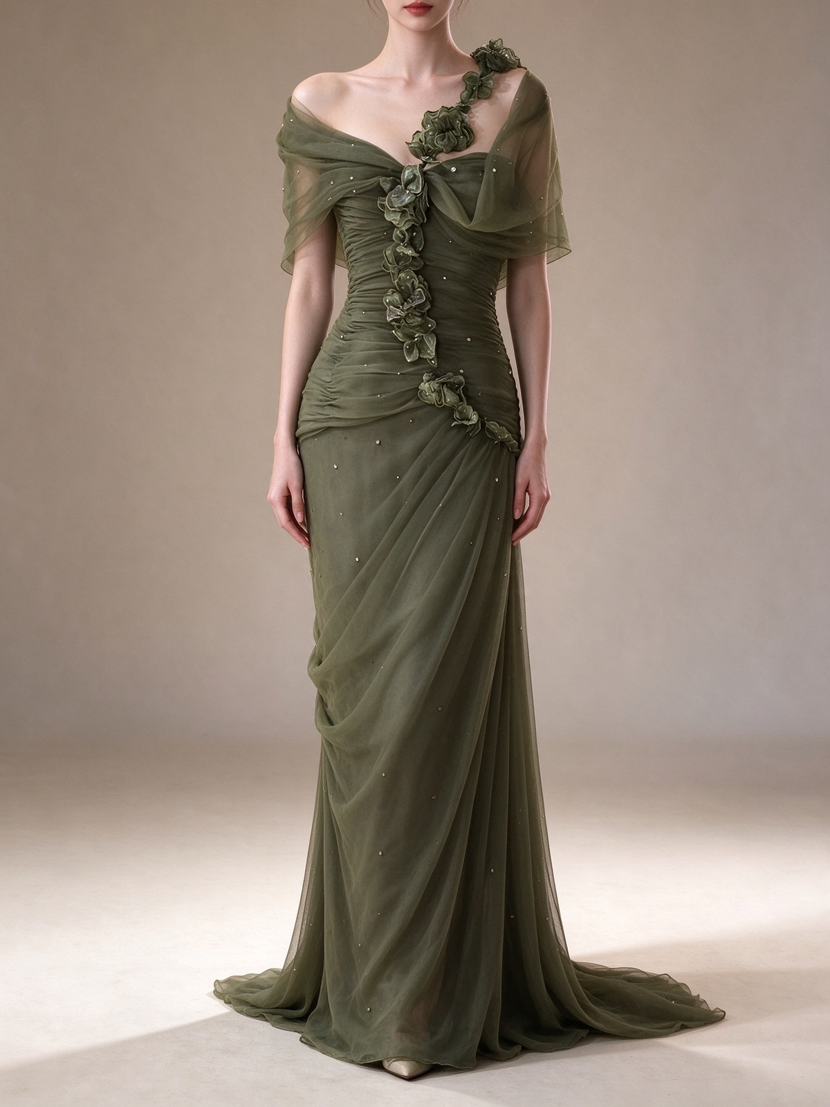 Sage Green Off-the-Shoulder 3D Floral Beaded Tulle Formal Evening Gown fg9052