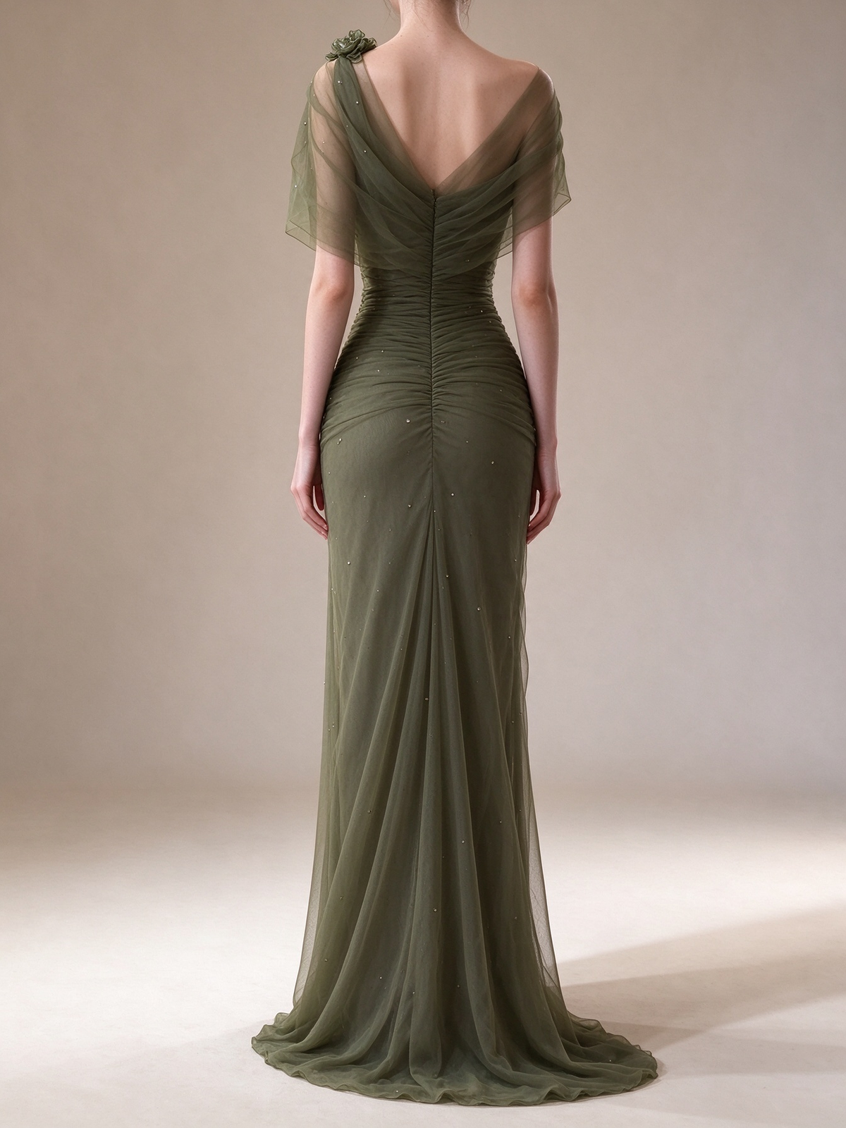 Sage Green Off-the-Shoulder 3D Floral Beaded Tulle Formal Evening Gown fg9052