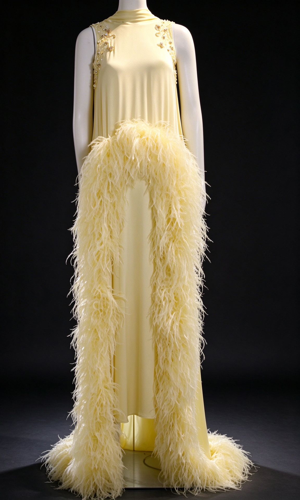 Pale Yellow High Neck Sleeveless Evening Gown with Hand-Beaded Floral Details & Ostrich Feather Trim fg9038