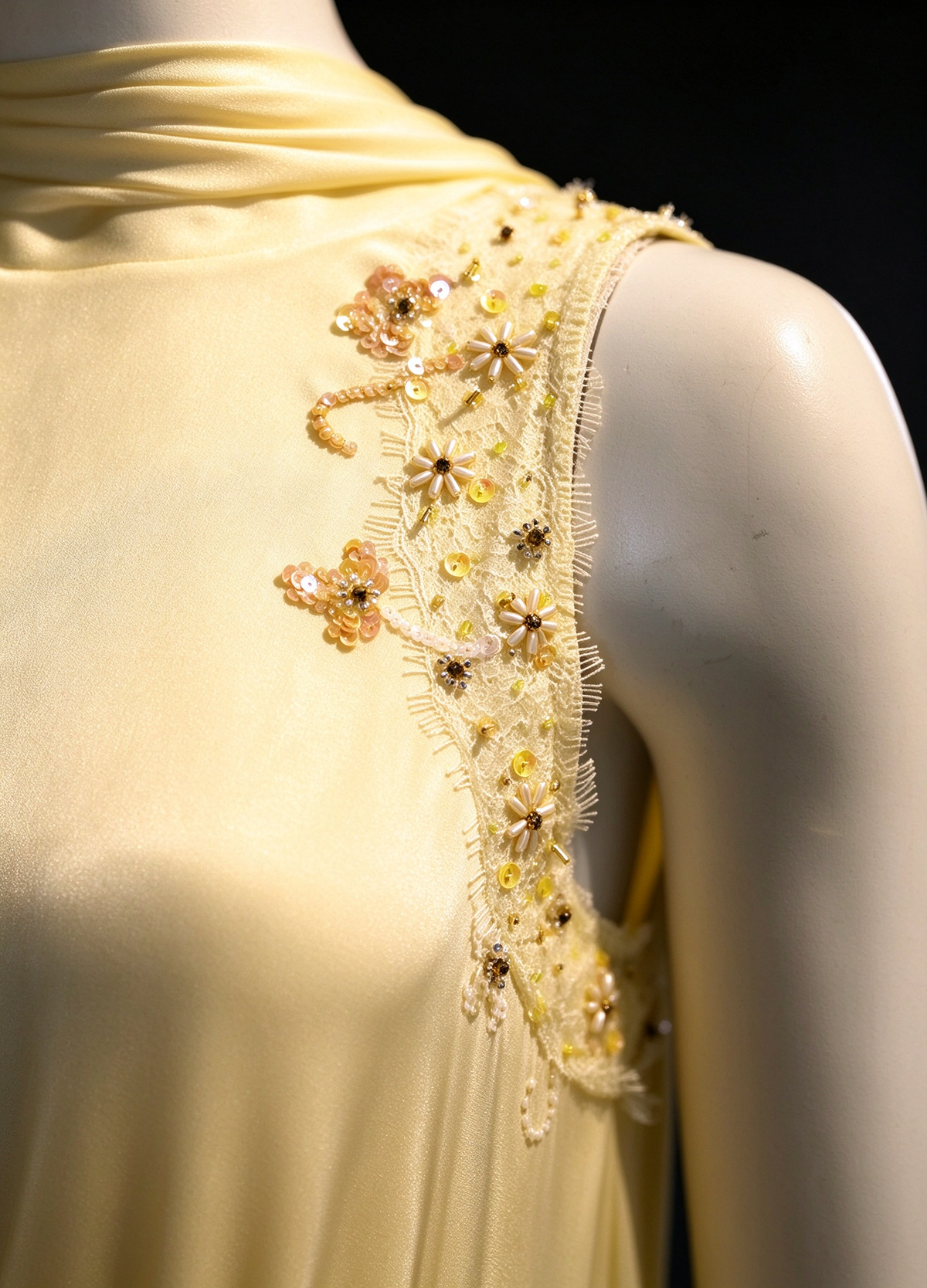 Pale Yellow High Neck Sleeveless Evening Gown with Hand-Beaded Floral Details & Ostrich Feather Trim fg9038