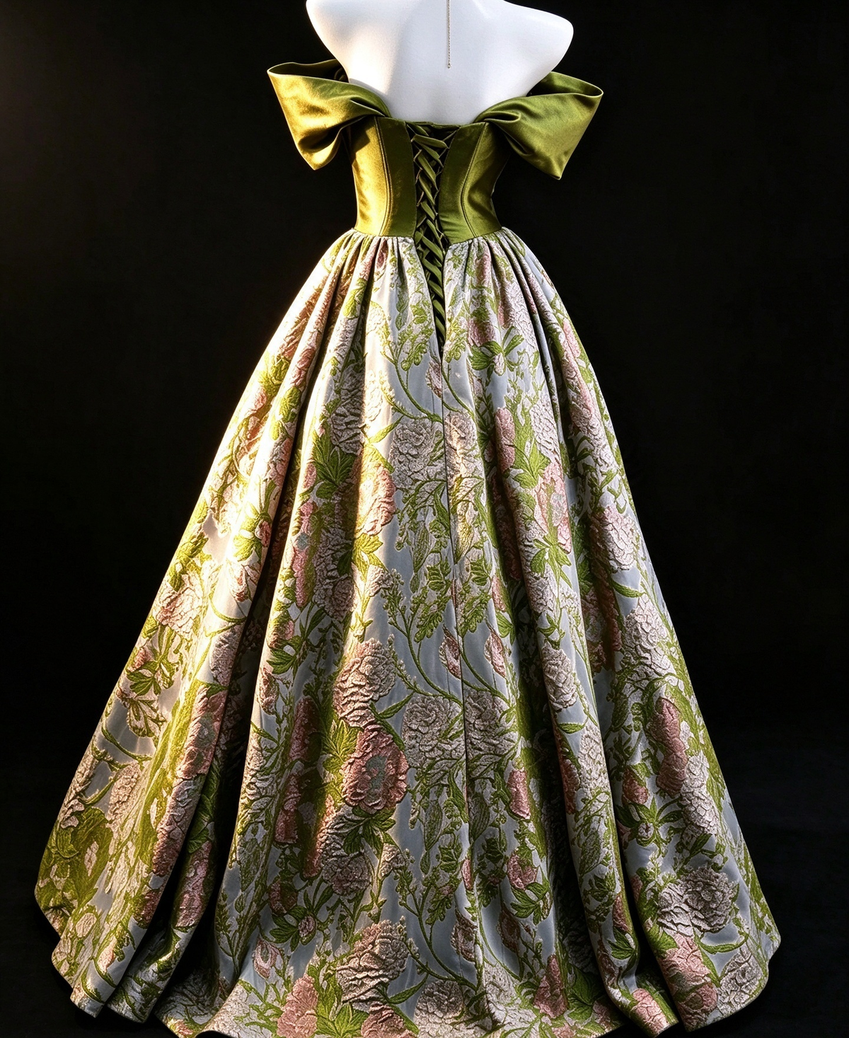 Olive Green Satin Floral  Ball Gown fg9042