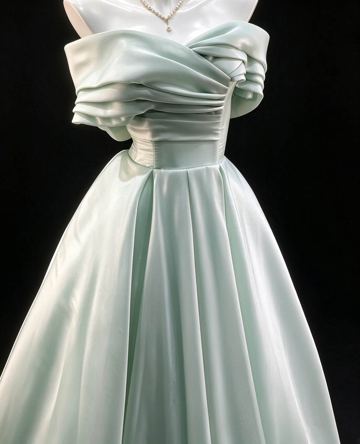Mint Green Satin Off-Shoulder Bow Back Ball Gown fg9043