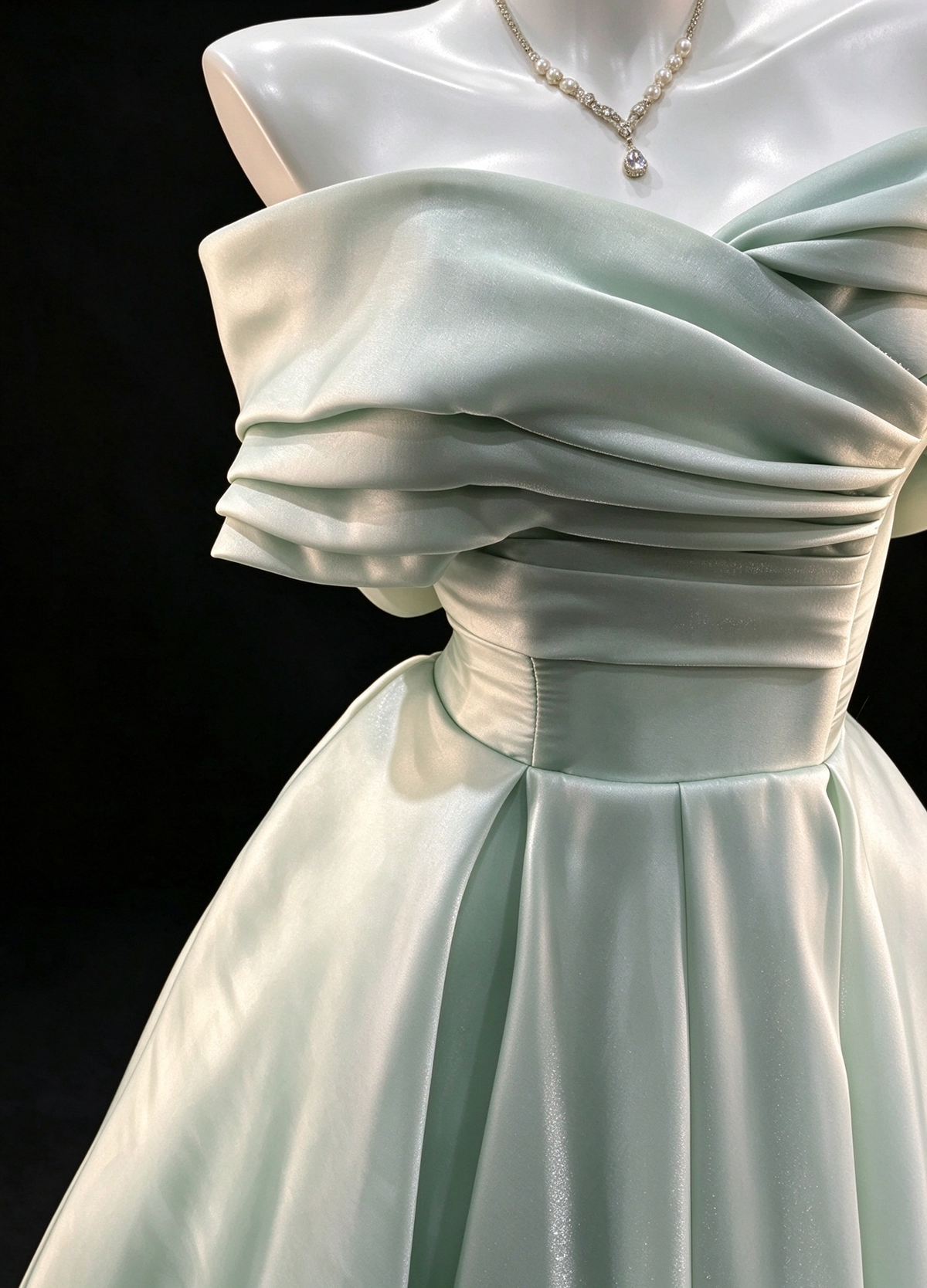 Mint Green Satin Off-Shoulder Bow Back Ball Gown fg9043