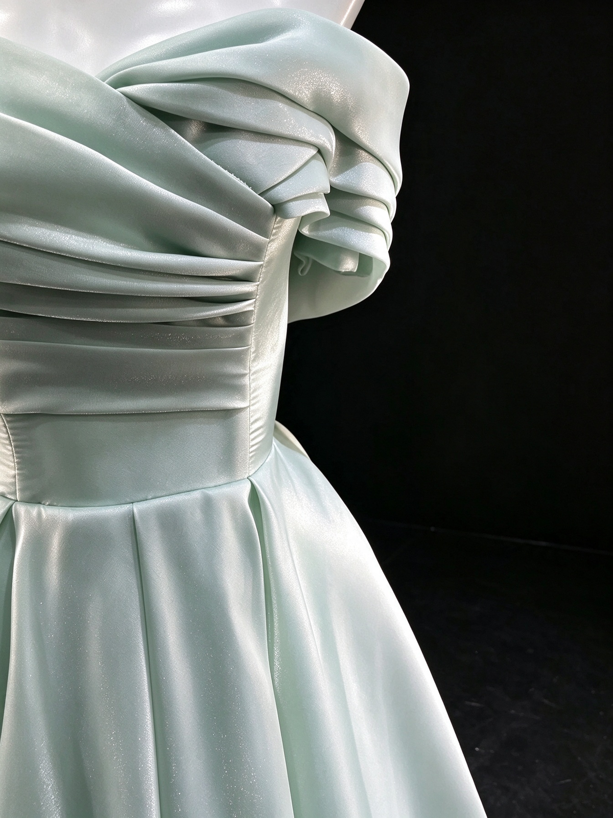 Mint Green Satin Off-Shoulder Bow Back Ball Gown fg9043