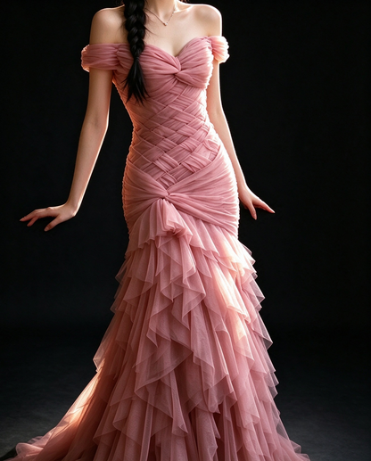 Pink Tulle Off-Shoulder Crisscross Mermaid Evening Gown fg9044