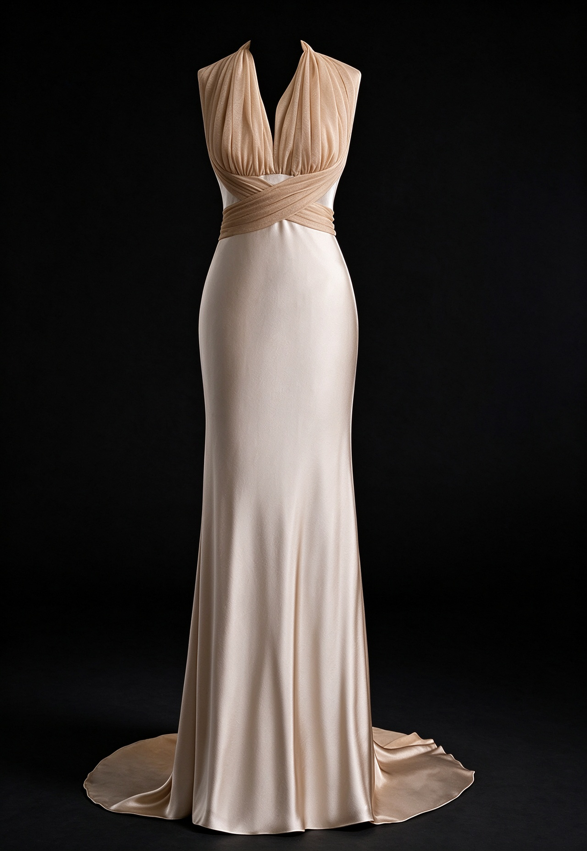 Champagne Halter Deep V Mermaid Evening Gown, Draped Tulle Wrap Waist With Back Bow fg9039