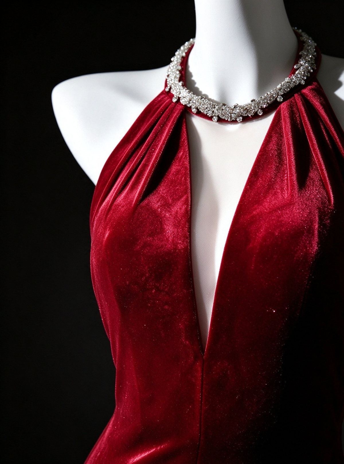 Red Velvet Halter Neck Open Back Beaded Mermaid Evening Dress fg9046