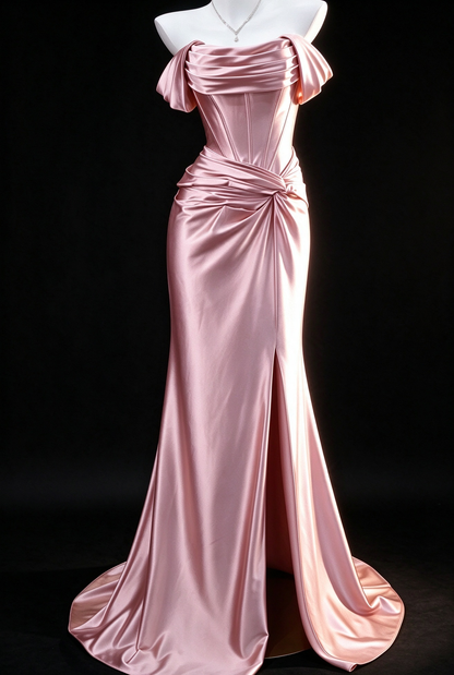 Rose Gold Satin Off-Shoulder Corset Mermaid Evening Gown fg9047
