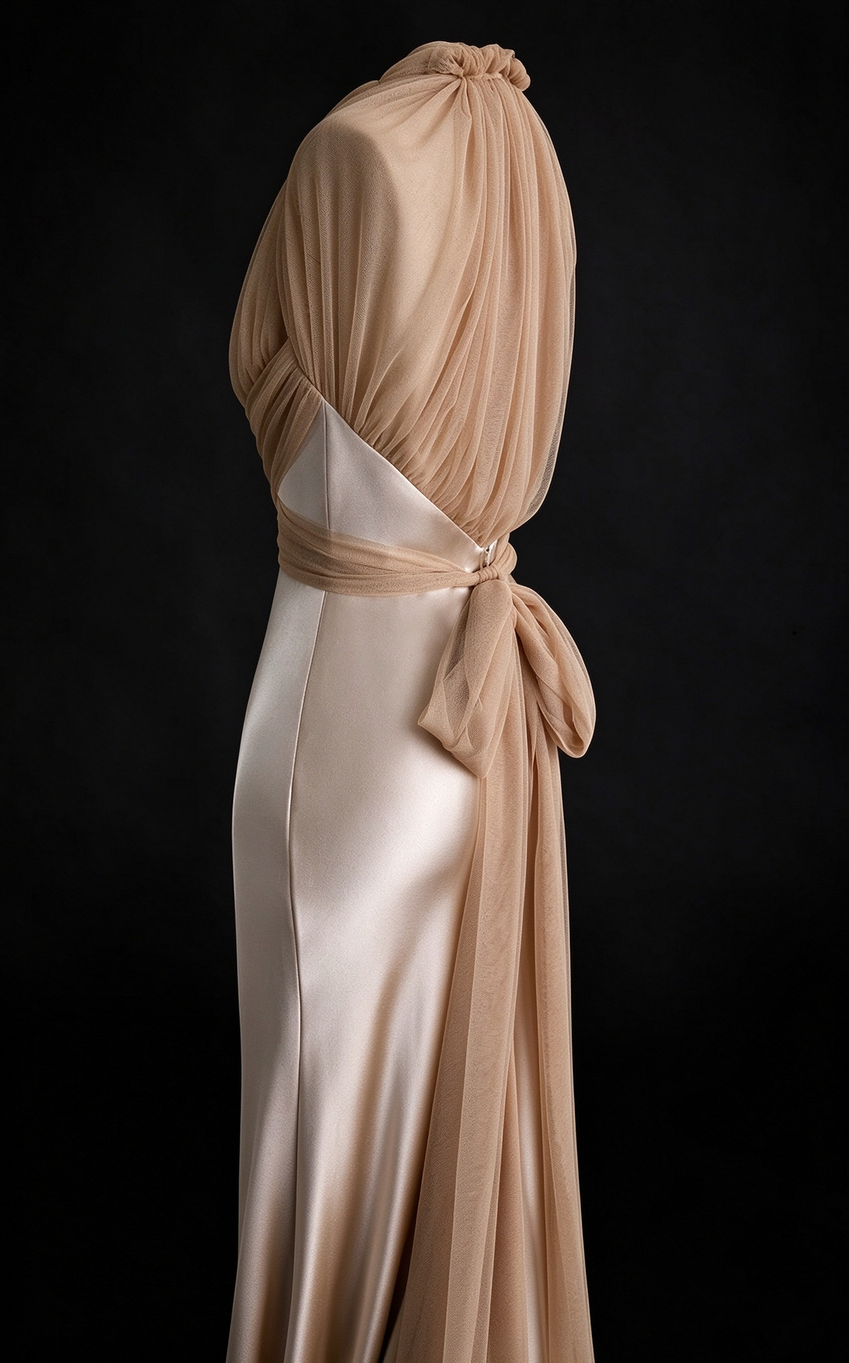 Champagne Halter Deep V Mermaid Evening Gown, Draped Tulle Wrap Waist With Back Bow fg9039