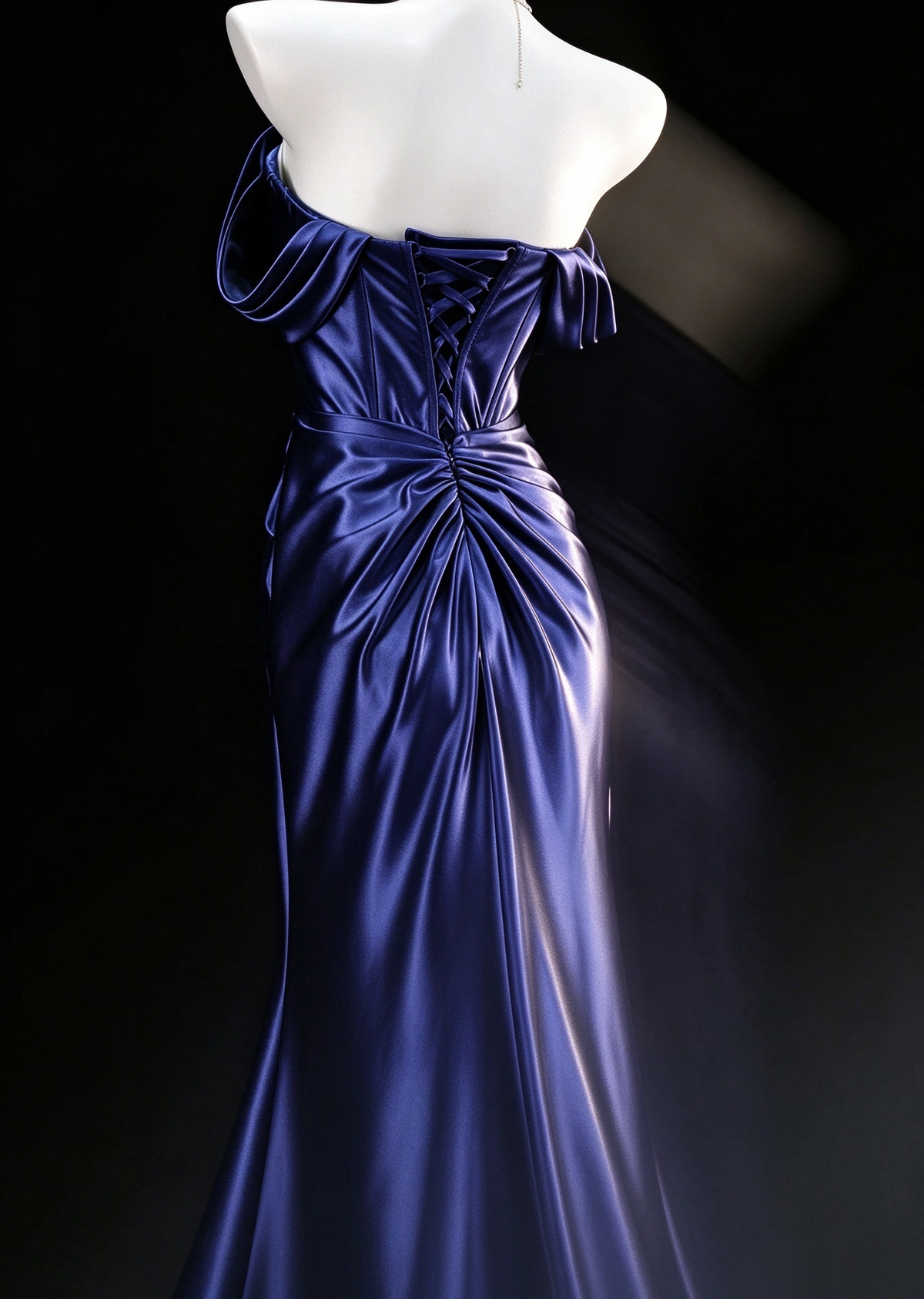 Royal Blue Satin Off-Shoulder Draped Mermaid Evening Gown fg9048