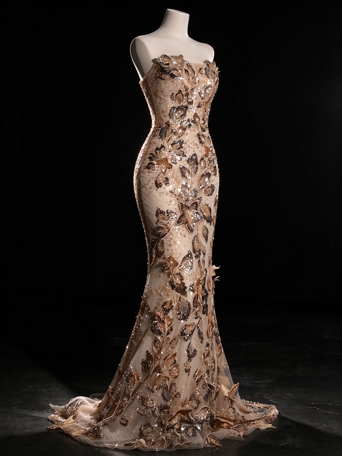 Champagne Strapless 3D Floral Sequin Mermaid Evening Gown fg9101