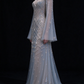 Pale Blue Sheer Tulle Mermaid Gown, Long Flare Sleeve, Full Hand-Beaded Rhinestone & Pearl Embroidery fg8996