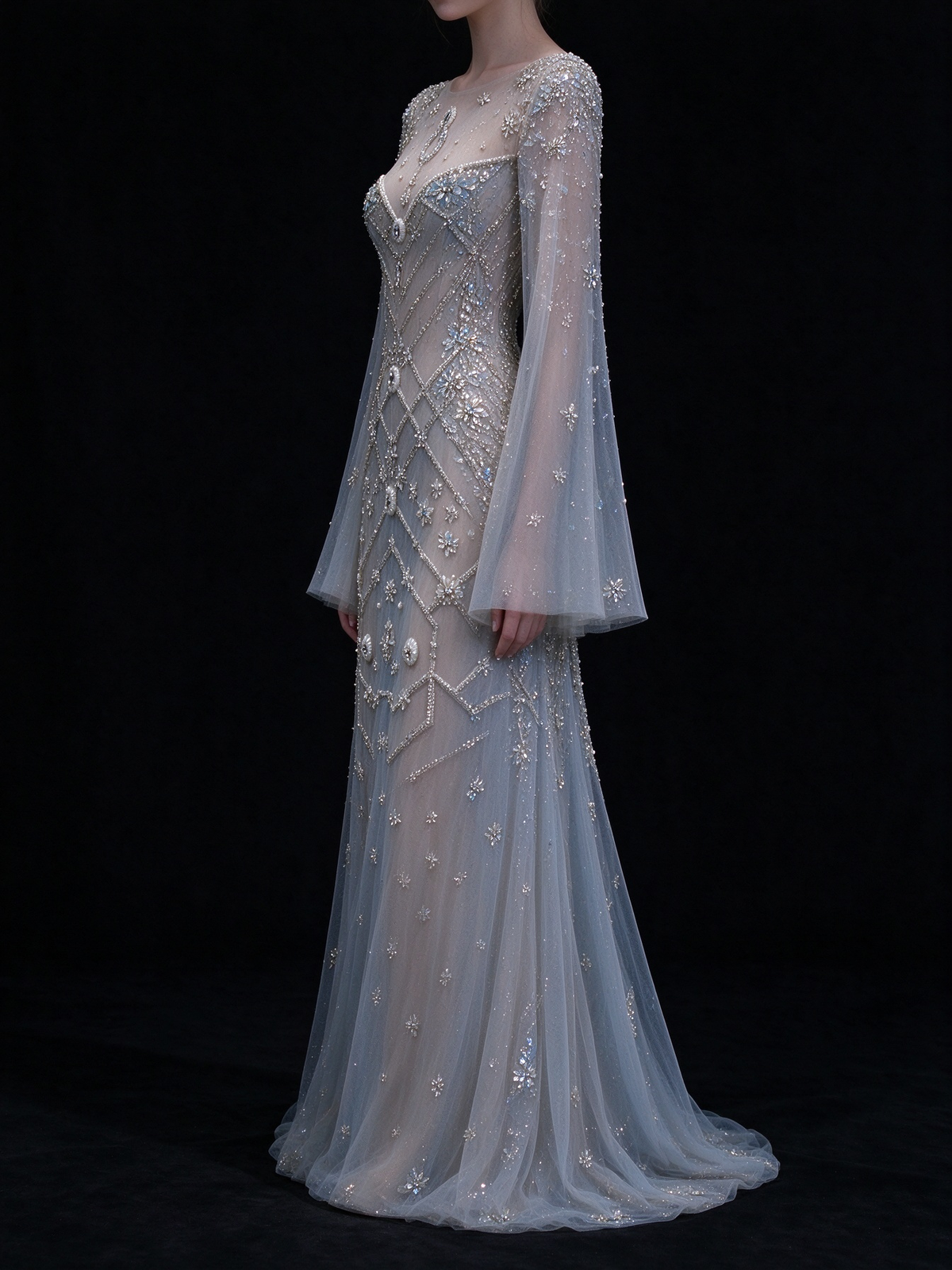 Pale Blue Sheer Tulle Mermaid Gown, Long Flare Sleeve, Full Hand-Beaded Rhinestone & Pearl Embroidery fg8996