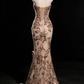Champagne Strapless 3D Floral Sequin Mermaid Evening Gown fg9101