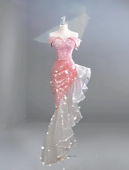 Off The Shoulder Pink Long Prom Dress Evening Party Dress fg8325