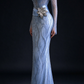 Light Blue Sheer Long Sleeve Mermaid Evening Dress with Rhinestone Sweetheart Neck & Satin Waist Flower fg9032