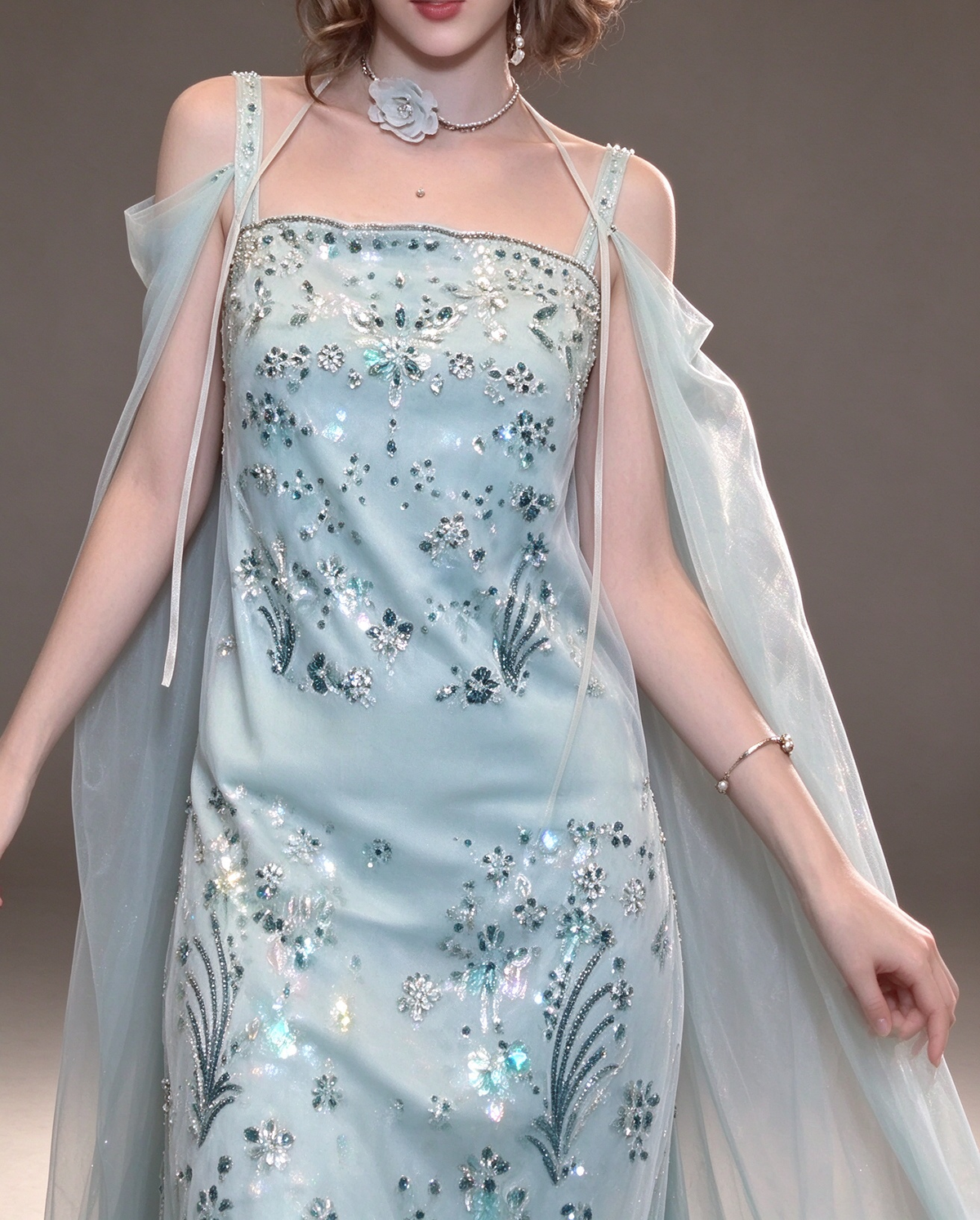 Mint Spaghetti Strap Beaded Cape Sleeve Mermaid Evening Gown fg9089