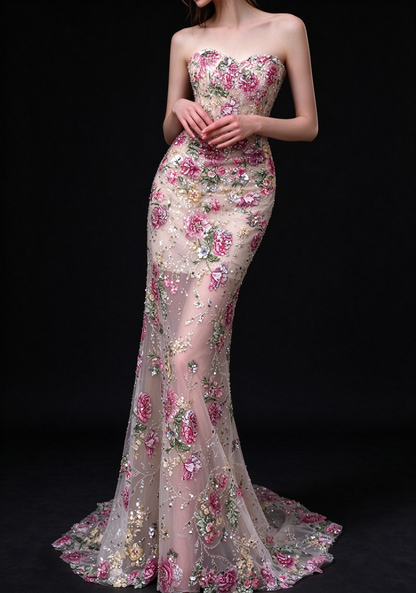Blush Strapless Floral Beaded Mermaid Evening Dress fg9153