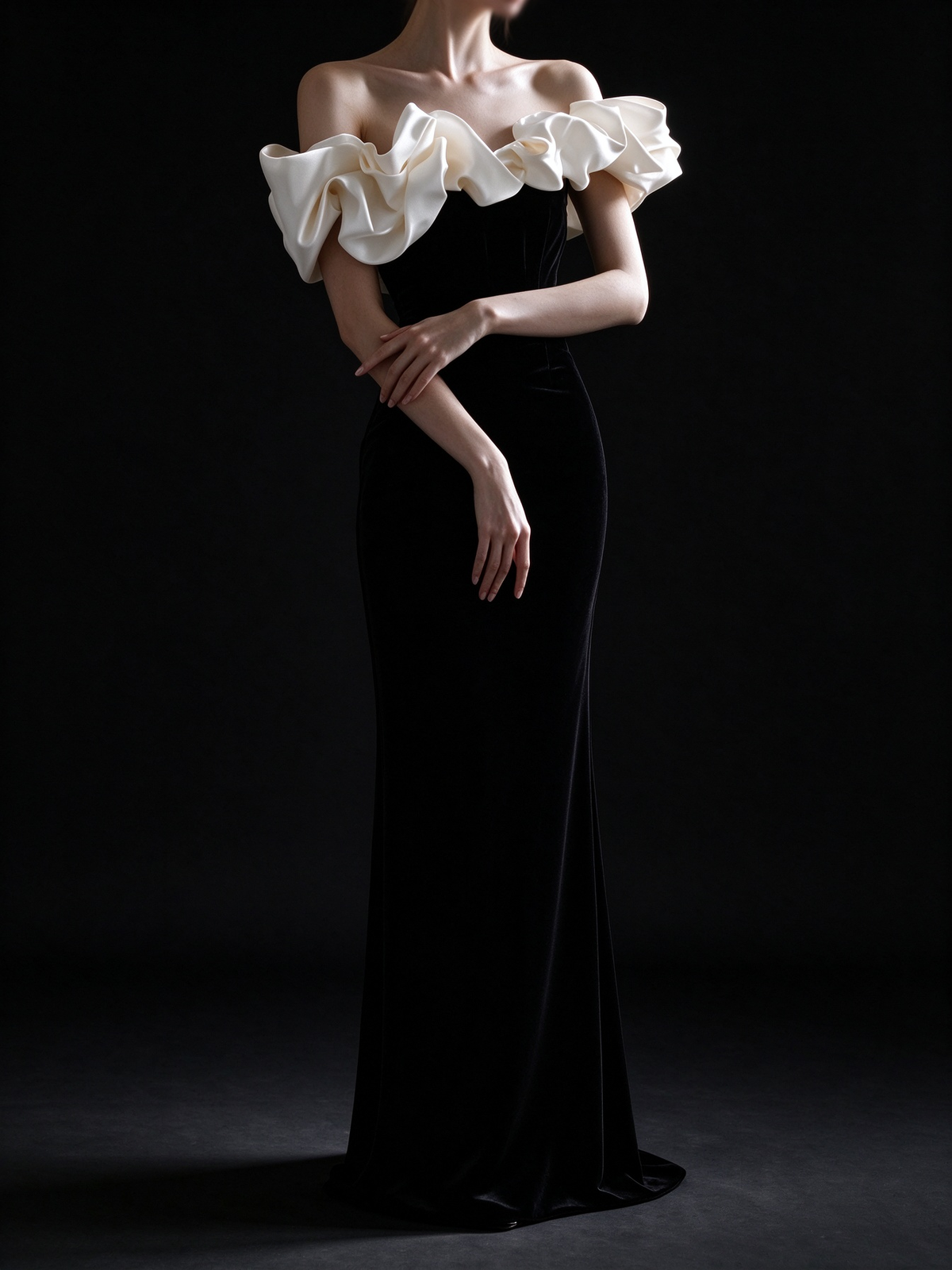 Black Off Shoulder Ruffle Mermaid Evening Gown fg9103