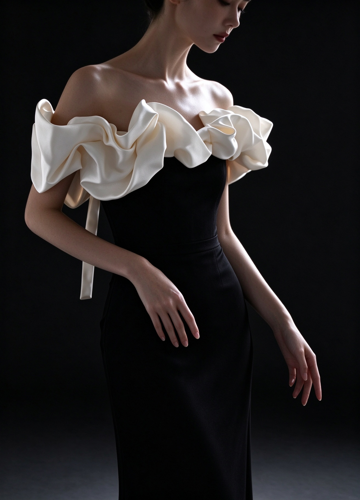 Black Off Shoulder Ruffle Mermaid Evening Gown fg9103