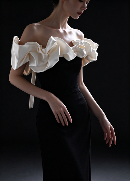 Black Off Shoulder Ruffle Mermaid Evening Gown fg9103