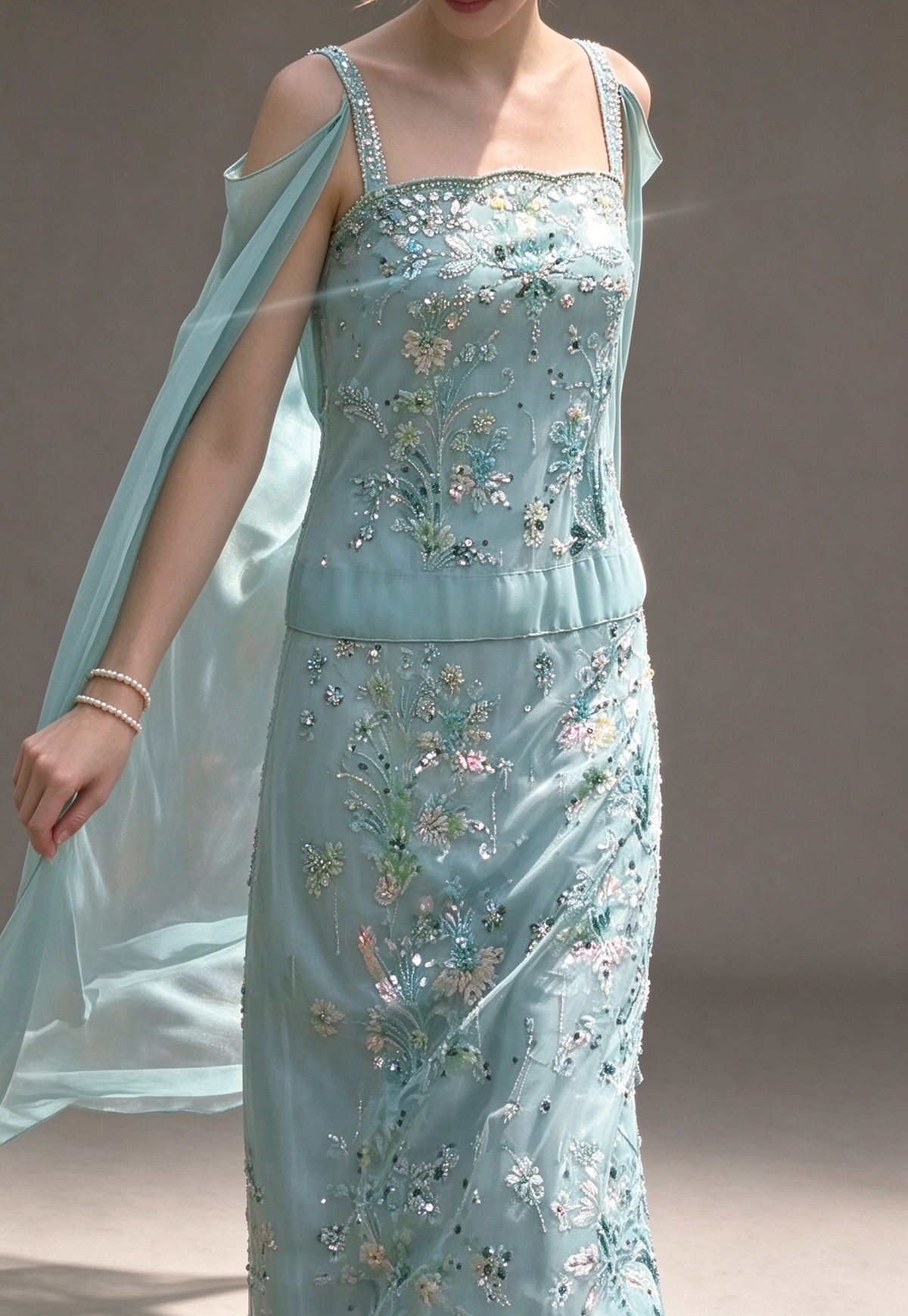 Mint Spaghetti Strap Beaded Cape Sleeve Mermaid Evening Gown fg9089
