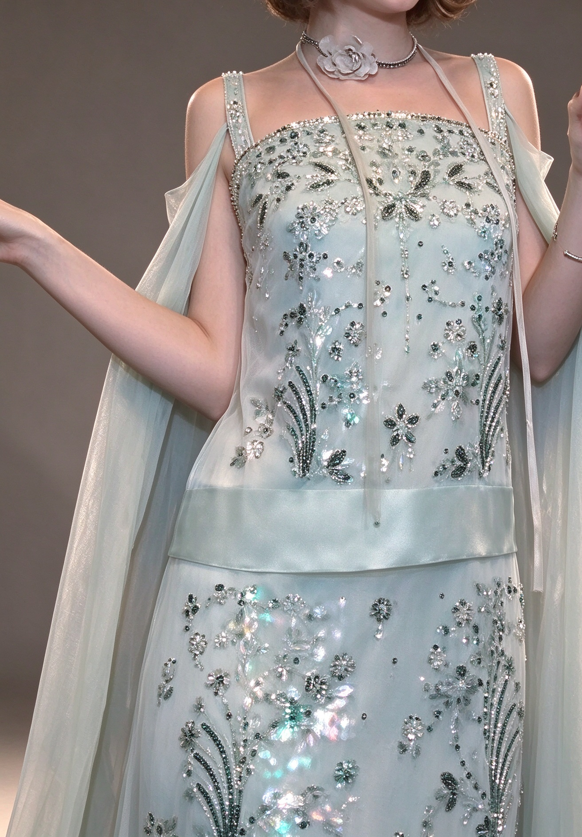 Mint Spaghetti Strap Beaded Cape Sleeve Mermaid Evening Gown fg9089