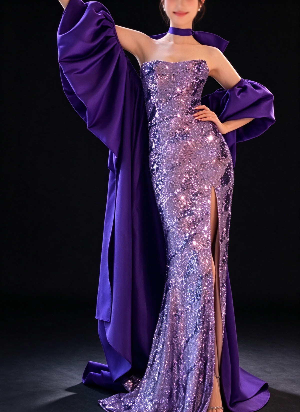 Purple Strapless Sequin Mermaid Evening Dress With Satin Puff Sleeves fg9155