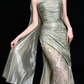 Sage Green Strapless Floral Mermaid Evening Gown With Scarf fg9099
