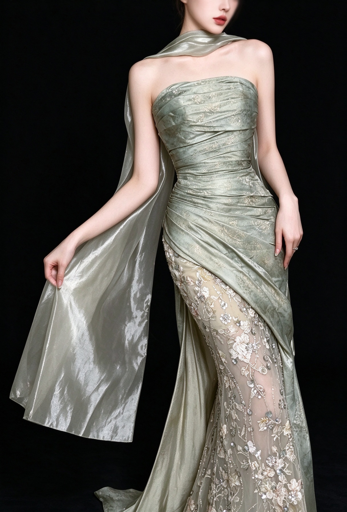 Sage Green Strapless Floral Mermaid Evening Gown With Scarf fg9099