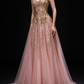Blush Strapless Gold Glitter Tulle A Line Evening Gown fg9105