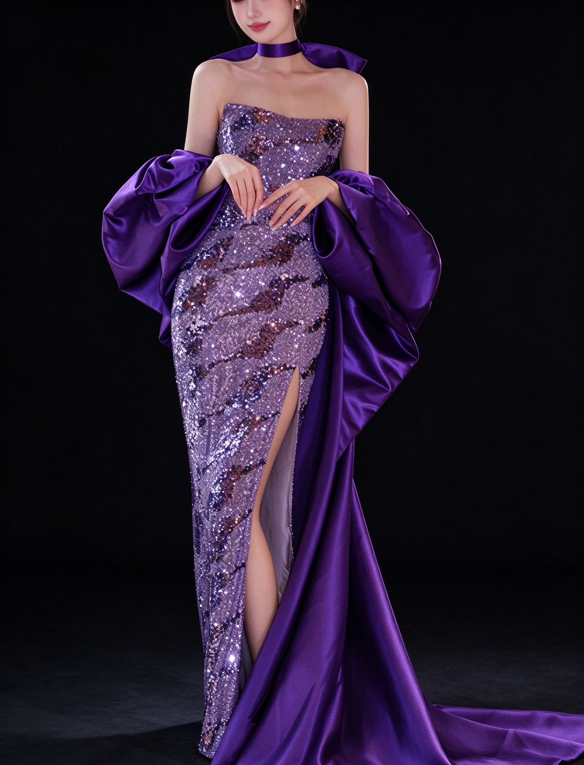 Purple Strapless Sequin Mermaid Evening Dress With Satin Puff Sleeves fg9155