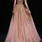Blush Strapless Gold Glitter Tulle A Line Evening Gown fg9105
