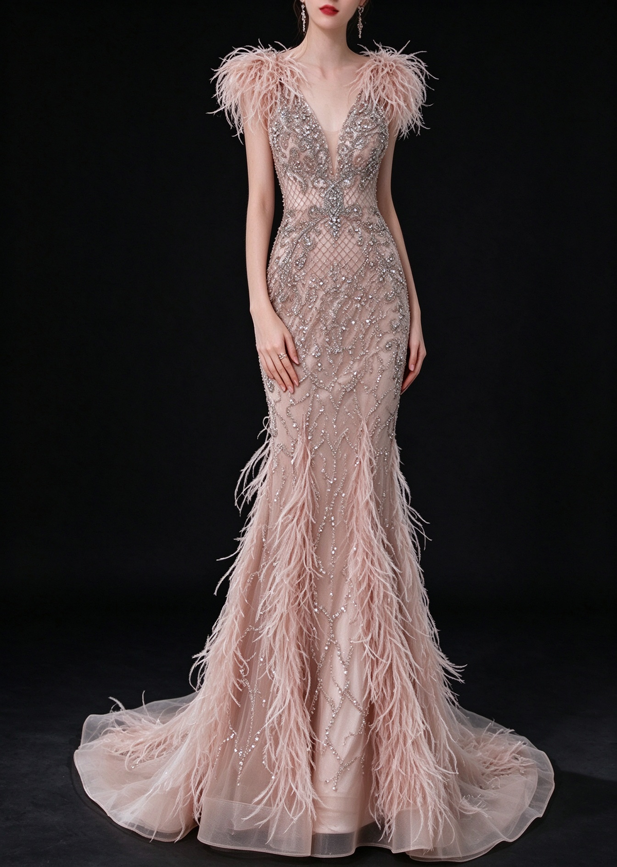 Blush V Neck Beaded Feather Mermaid Evening Dress fg9156