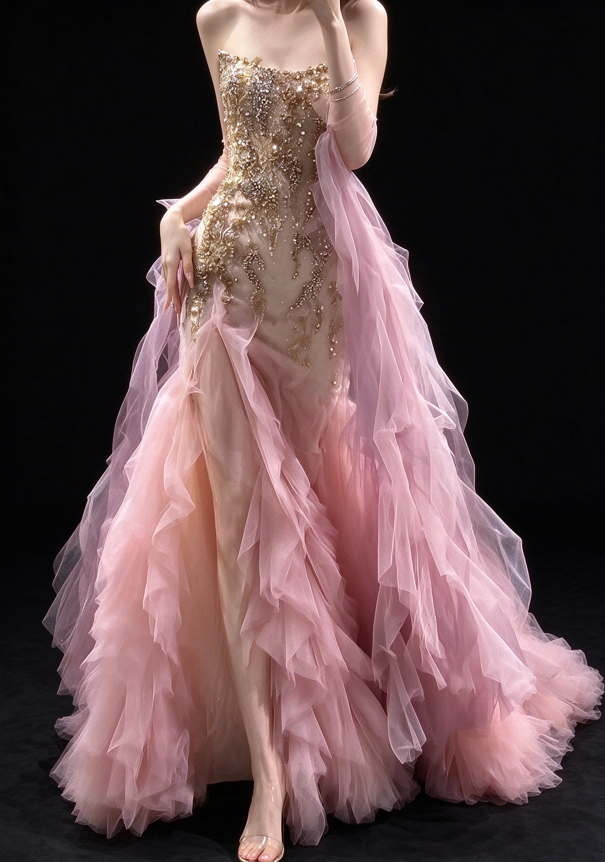 Pink Strapless Beaded Ruffled Tulle Mermaid Evening Dress fg9108