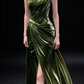 Green Strapless Ruched Satin Slit Evening Gown fg9084
