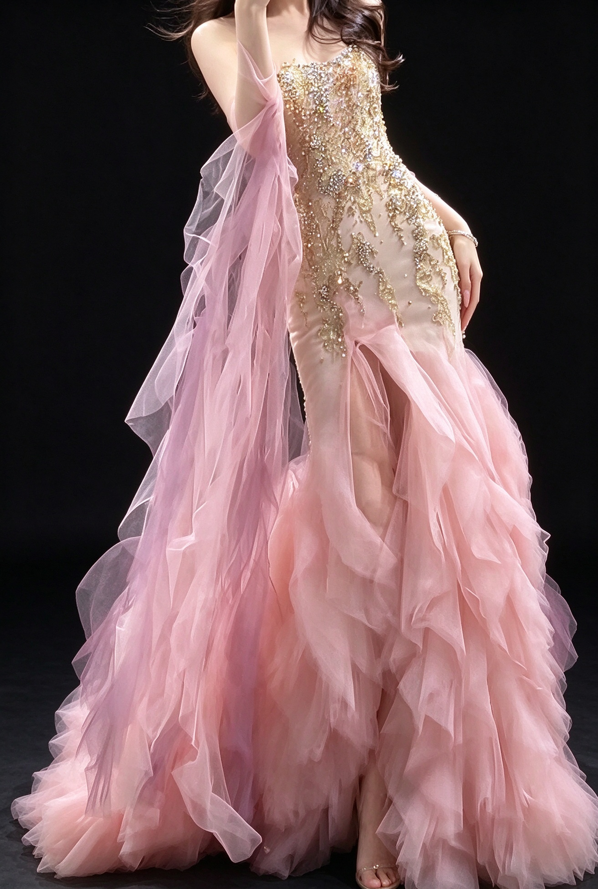Pink Strapless Beaded Ruffled Tulle Mermaid Evening Dress fg9108