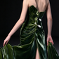 Green Strapless Ruched Satin Slit Evening Gown fg9084