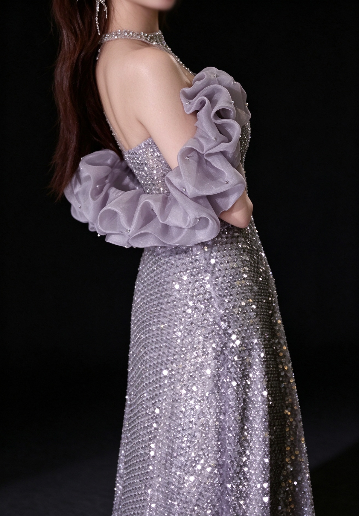 Lavender Halter Off Shoulder Ruffle Sleeve A Line Evening Dress fg9157