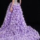Lavender Strapless Beaded 3D Floral Tulle A Line Evening Gown fg9106