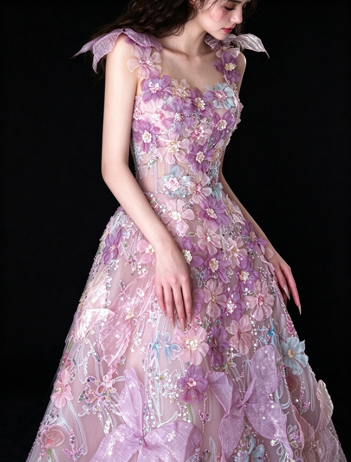 Pink Spaghetti Strap 3D Floral A Line Evening Dress fg9158