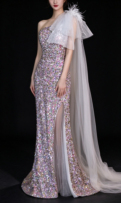 Iridescent One Shoulder Feather Tulle Train Mermaid Evening Dress fg9159